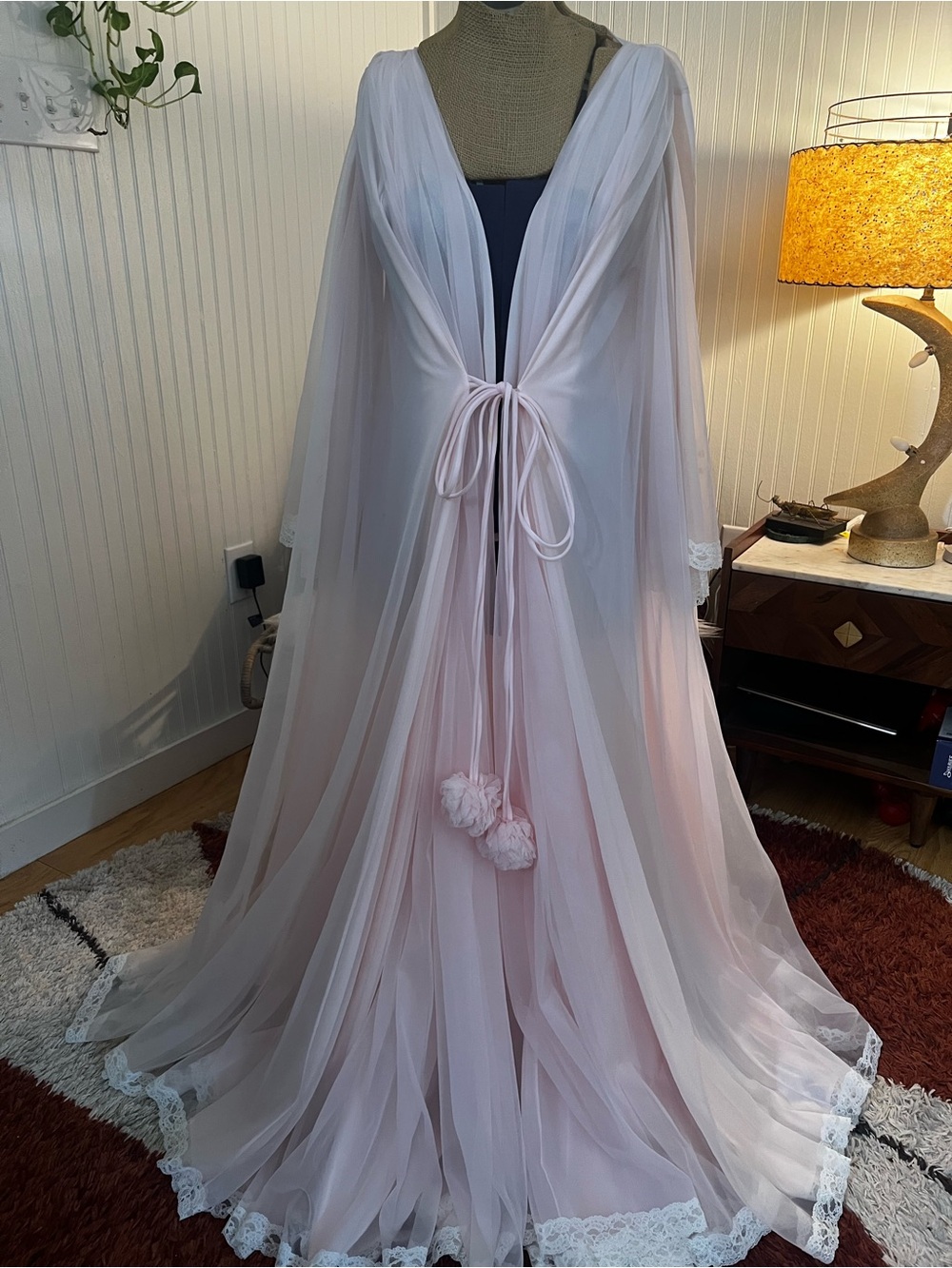 Sheer 1950’s Designer Baby Pink Claire Sandra by Lucy Ann Robe with Lace Trim